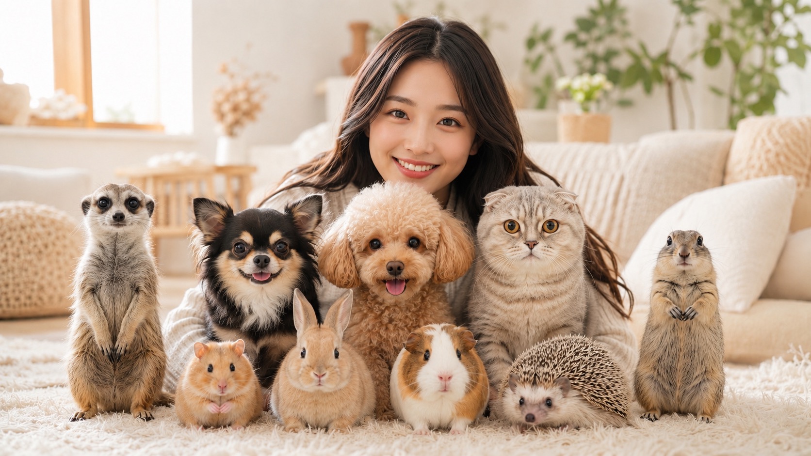 笑顔の女性とたくさんの小さなペットたち